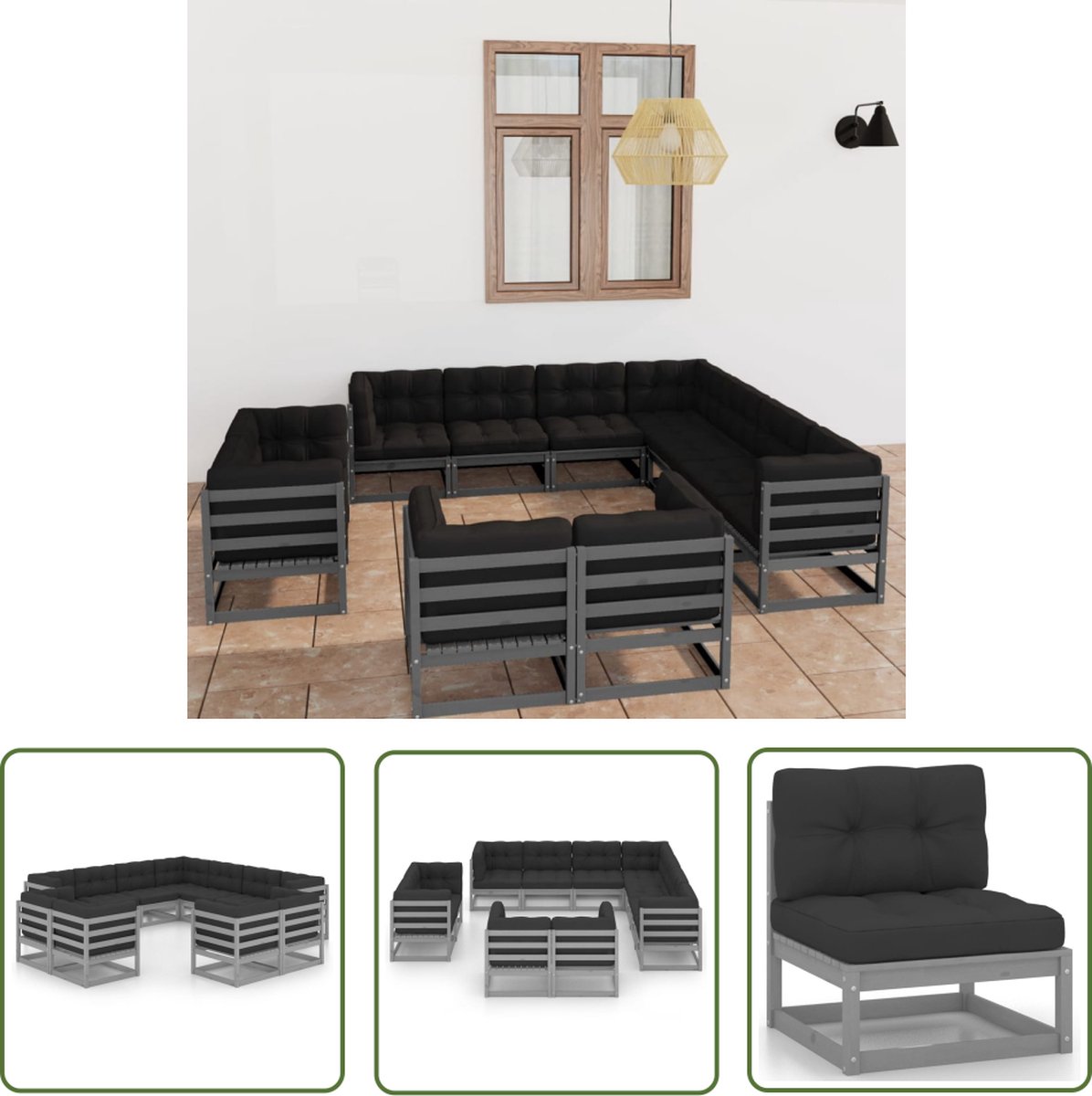Grijze loungeset van massief grenenhout met kussens - Tuinmeubels.