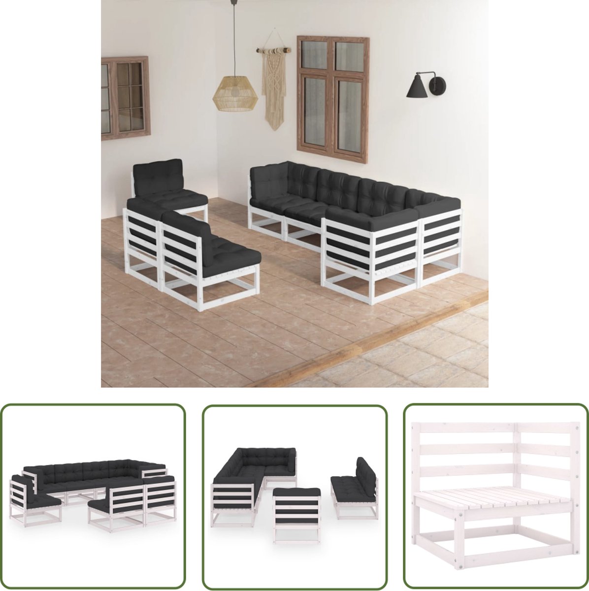 Tuin Lounge Set van massief grenenhout met kussens en loungestoel.