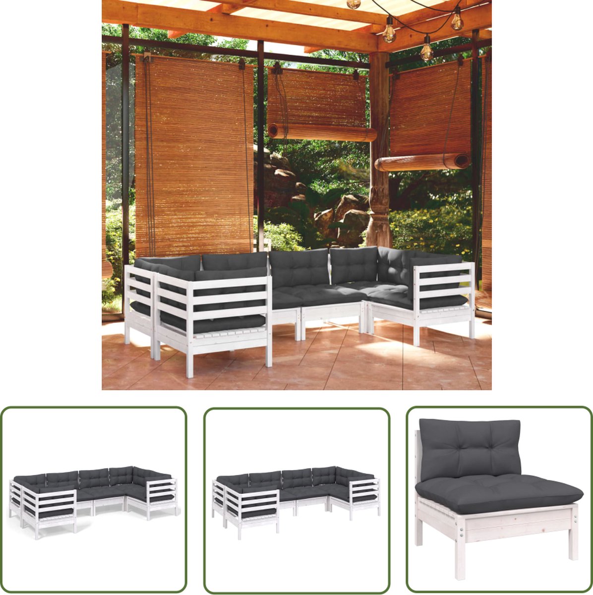 The Living Store 6-delige Loungeset met kussens grenenhout wit - Loungeset - Tuinset - Tuinmeubels - Lounge Set - Hout