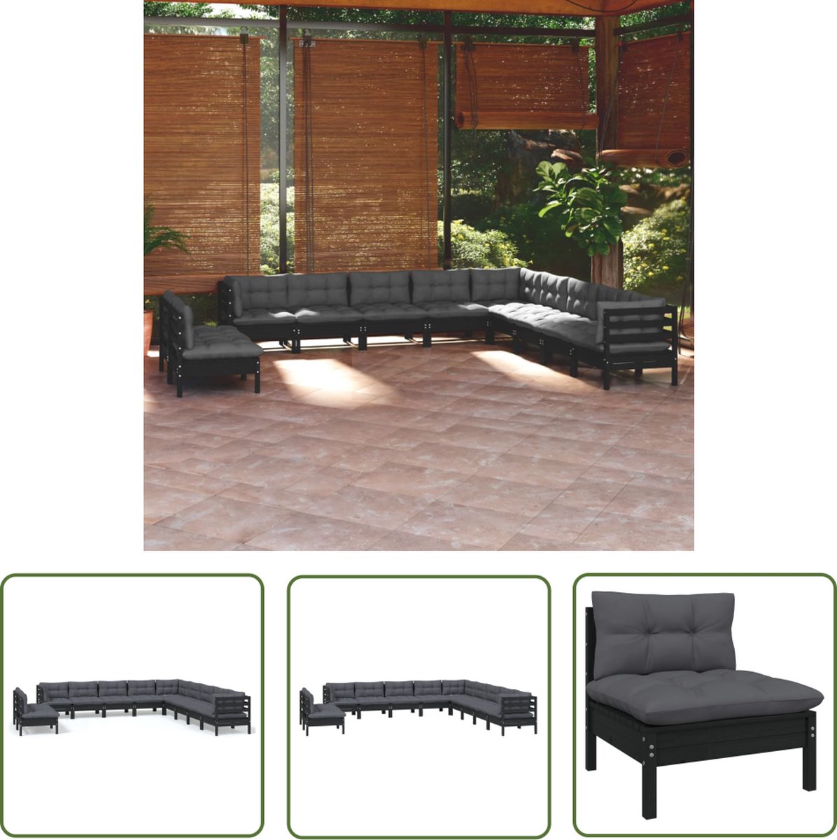 The Living Store 11-delige Loungeset met kussens massief grenenhout zwart - Loungeset - Tuinset - Houten Loungebank - Buis Meubel - Tuinlounge