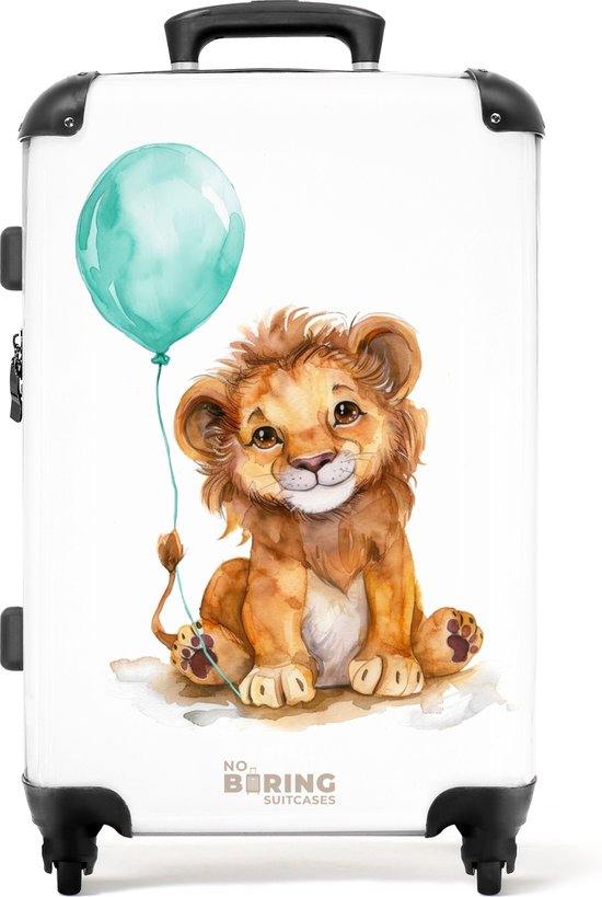 NoBoringSuitcases.com® - Grande valise enfant Lion avec ballon bleu - Bagage - Valise de voyage - Valise chariot - Valises 67cm
