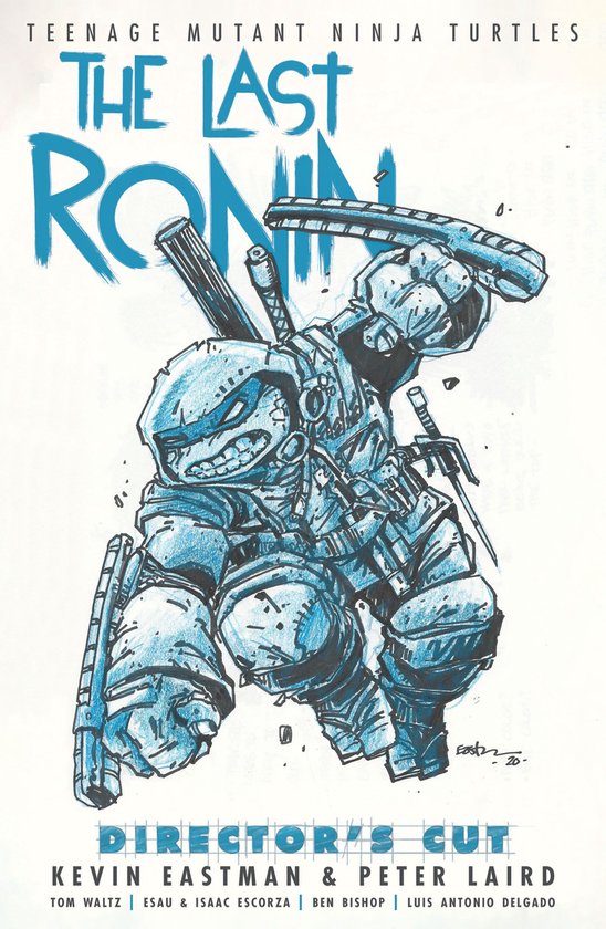 Teenage Mutant Ninja Turtles: The Last Ronin, Director's Cut. Blauwe schets van een vechtende ninja-schildpad met wapens.