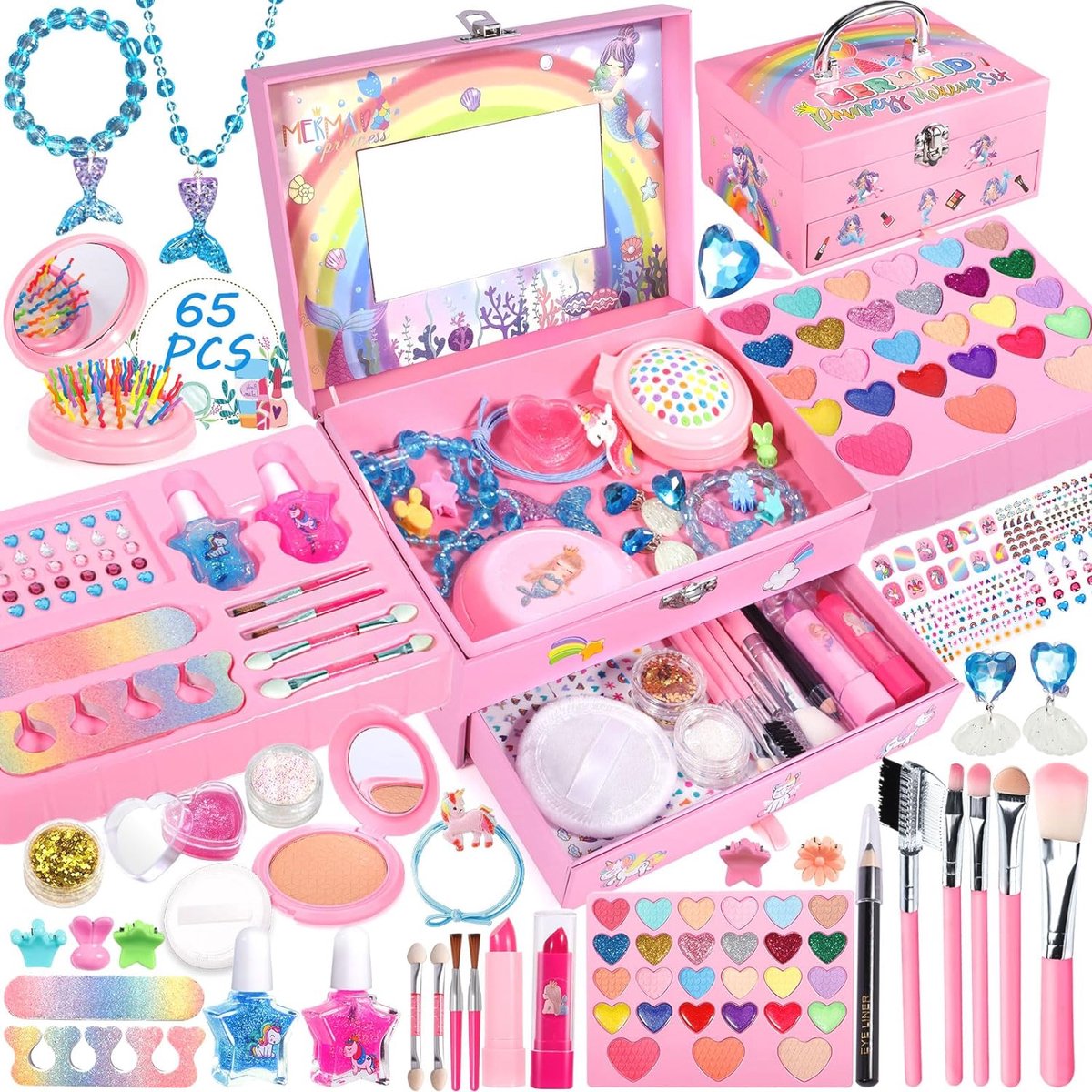 Kindermake-upset voor Meisjes - 65-delige Set met Wasbare Make-up en Speelgoed