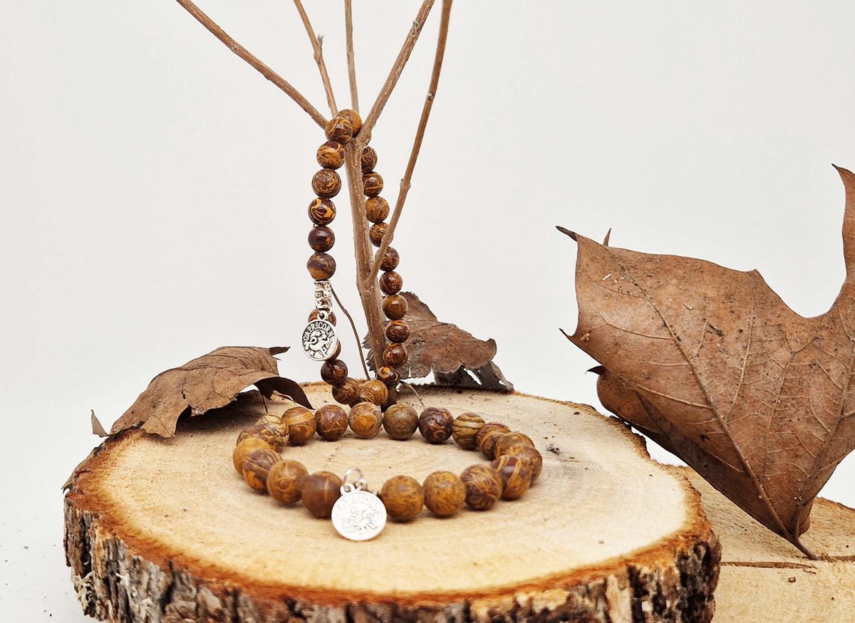 Handgemaakte natuursteen Geluksarmband met hanger "Astrologische Symbolen " Jaspis van olifantenhuid" -8 mm diameter van de korrel- Diameter armband 20 cm - Kies je favoriete Astrologische Symbolen - Een mooi cadeau voor familie en vrienden