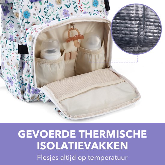 Brisby overzichtelijke luiertas - verzorgingstas - met buggymontage en stay-open frame - gratis verschoonmatje - USB oplaadfunctie - geïsoleerde flessen vakjes - purple flower van Brisby — afbeelding 3