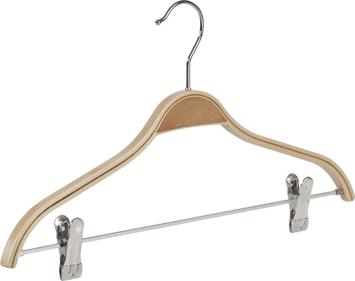 De Kledinghanger Gigant - Kledinghanger - Volwassenen - 7767 - 20 Stuks - Blousehanger - Shirthanger - Berkenhout - Naturel Gelakt - Verschuifbare Anti-slip knijpers - 42 cm - Kleerhanger (7767/20)