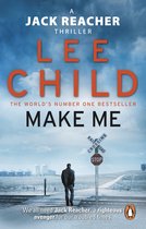 Boekomslag 'Make Me' van Lee Child, met een man die naar een spoorwegovergang kijkt.