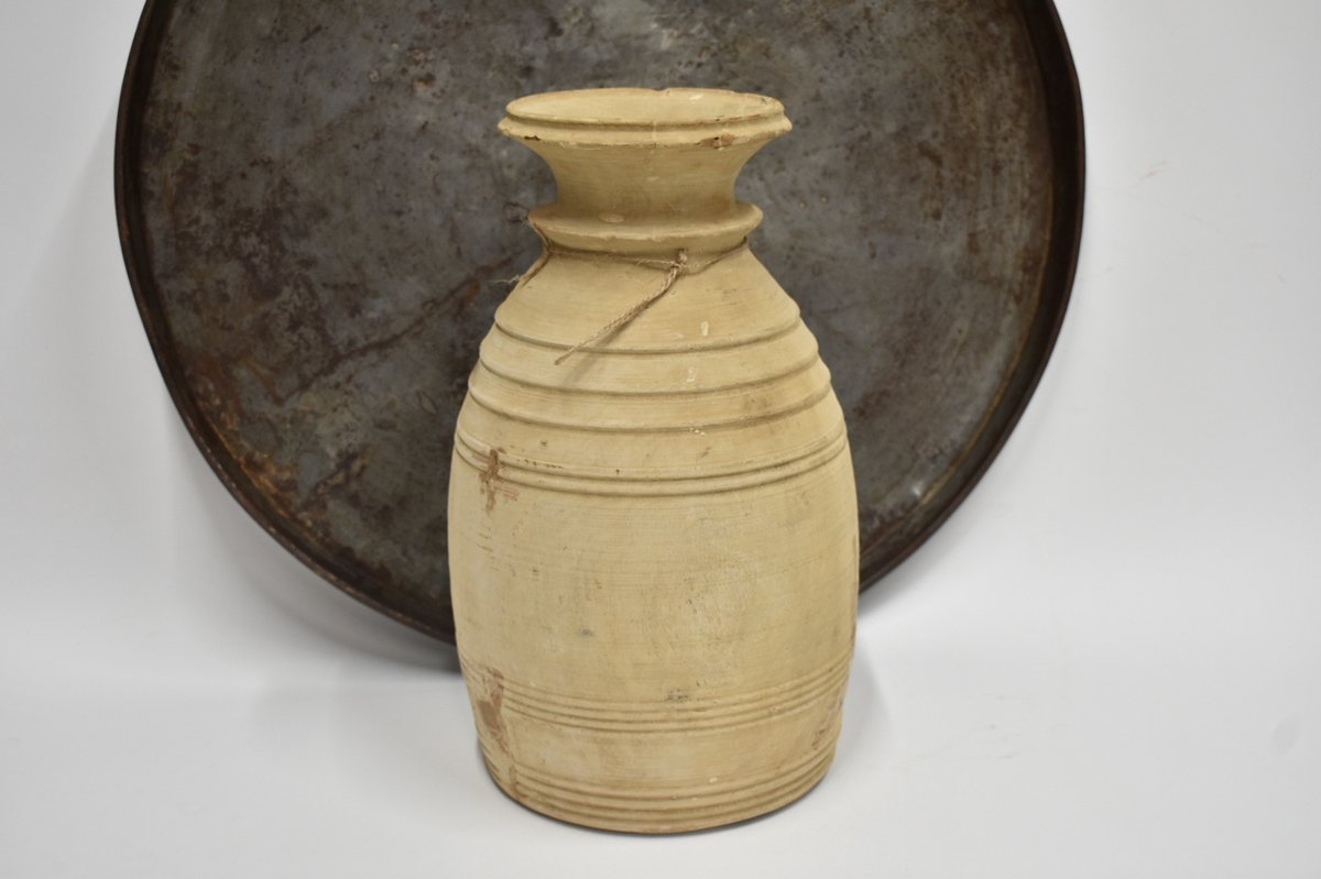 Authentieke licht bruine houten Nepalese pot / kruik H 38 cm - Oude houten Nepalese pot - landelijke sober stoer (31)