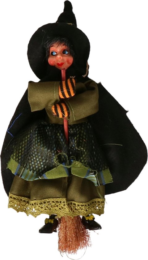 Halloween horror decoratie heksen pop op bezem - 20 cm - zwart/groen - Versiering/feestartikelen