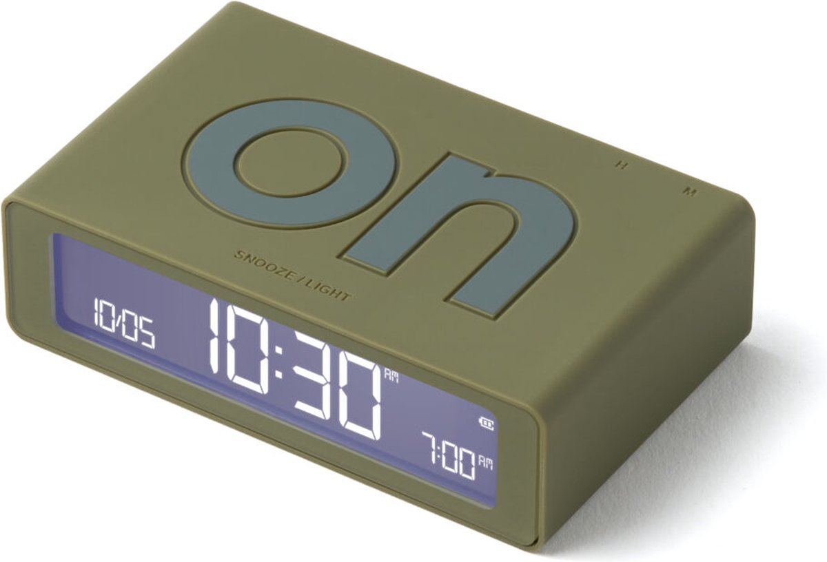 Lexon Flip Mini 8cmx2,3cmx4,9cm LR158 ON OFF Oplaadbare Wekker - Kakhi Groen