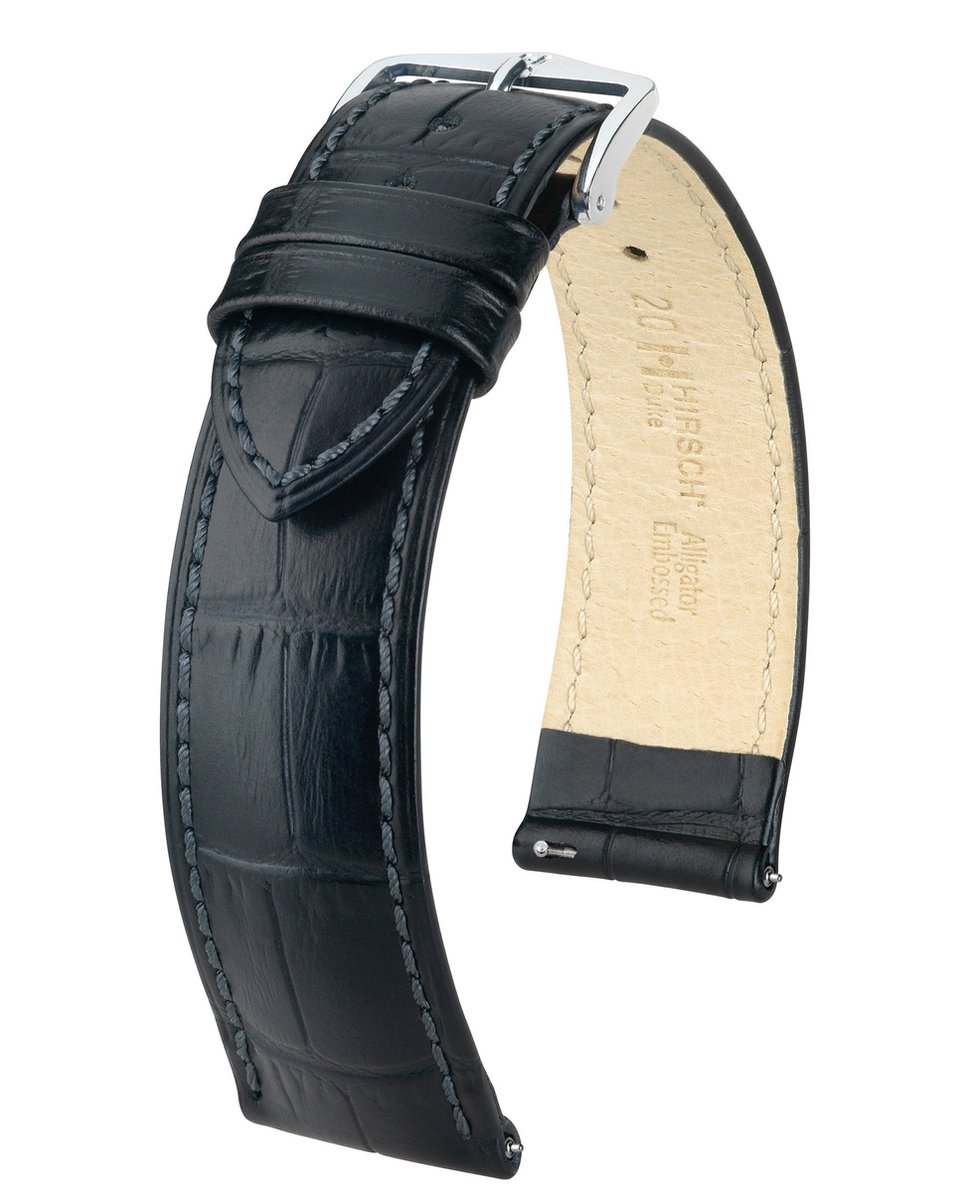 HIRSCH Duke Horlogebandje - Italiaans kalfsleer met reliëf van alligator en halfmat oppervlak, 18 mm Breedte bevestiging, zwart - glanzend zilver Sluit, past op Garmin, Huawei Watch