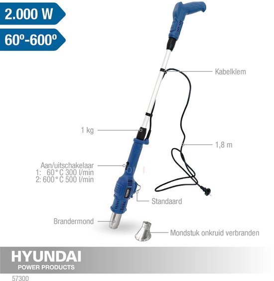 Blauwe Hyundai onkruidbrander met steel, 2000W, 60°-600°C, 1kg, 1.8m kabel en spuitmond.