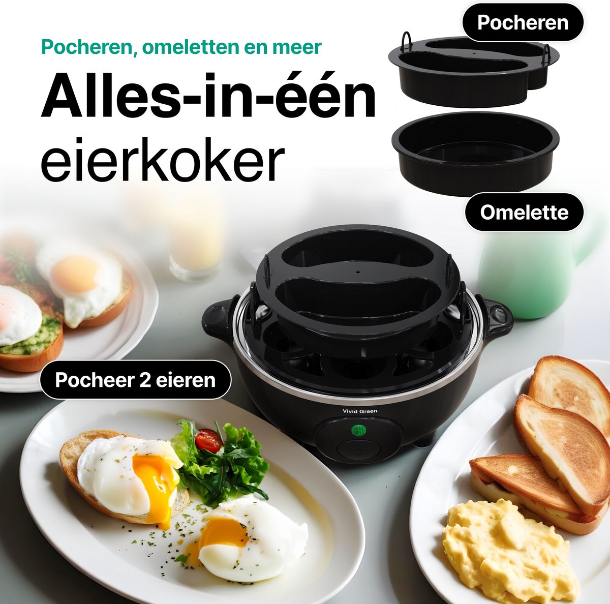 Multifunctionele Eierkoker voor 7 eieren - Kook, Pocheer en Stoom en Meer - Elektrisch - Vaatwasserbestendig - Zwart - Vivid Green — cadeau in Sieraden - foto 7