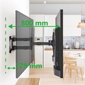 Support mural TV noir avec bras extensibles, montre une extension de 800 mm.