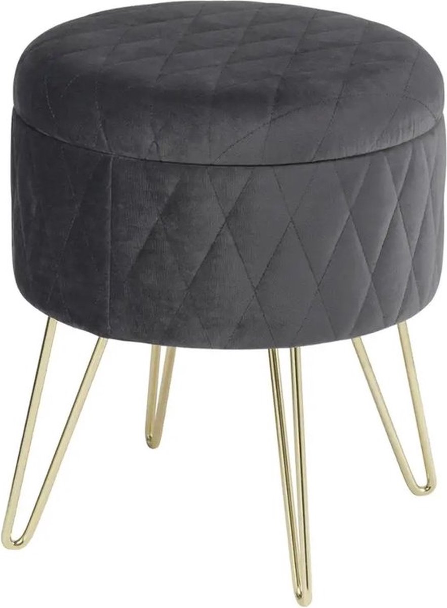 Mrs. Jones Ronde Fluwelen Opbergpoef met Gouden Metalen Poten 31 5x31 5x36 cm Multifunctioneel Zitmeubel en Opbergruimte Donker Grijs