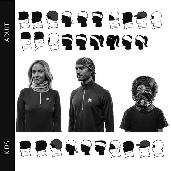 Collage van volwassen en kinder silhouetten met BUFF hoofdbanden en nekwarmers, en een vrouw, man en kind die BUFFs dragen.