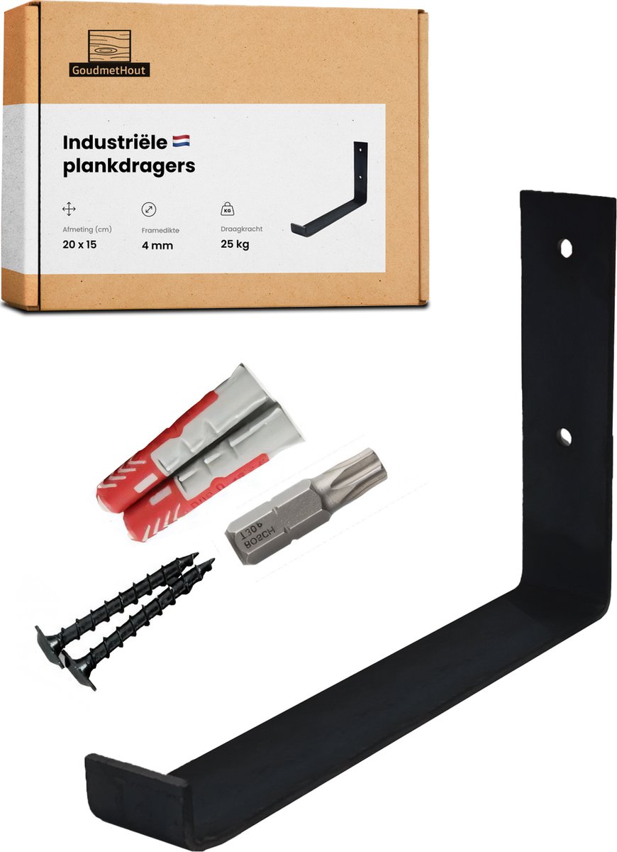 GoudmetHout® Industriële Plankdragers L-vorm UP - 20 cm - Stalen Plankdrager voor Wandschap, Muurrek of Wandconsole - Max 25 kg - 1 stuk - Mat Zwart