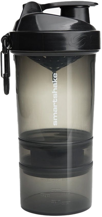 Zwarte SmartShake Original 2GO 600ml shakebeker met opbergvakken.