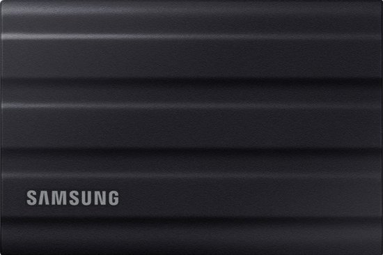 Zwarte Samsung Portable SSD T7 Shield met ribbelpatroon, close-up.
