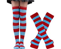 Hoge Dikke Japanse Stijl Kniekousen Meisejs & Dames I Elastische Knie Sokken I Knie Kousen I Verkleedkousen I Rekbaar 50 x 7.5 CM I One Size S/L I Blauw/Rood