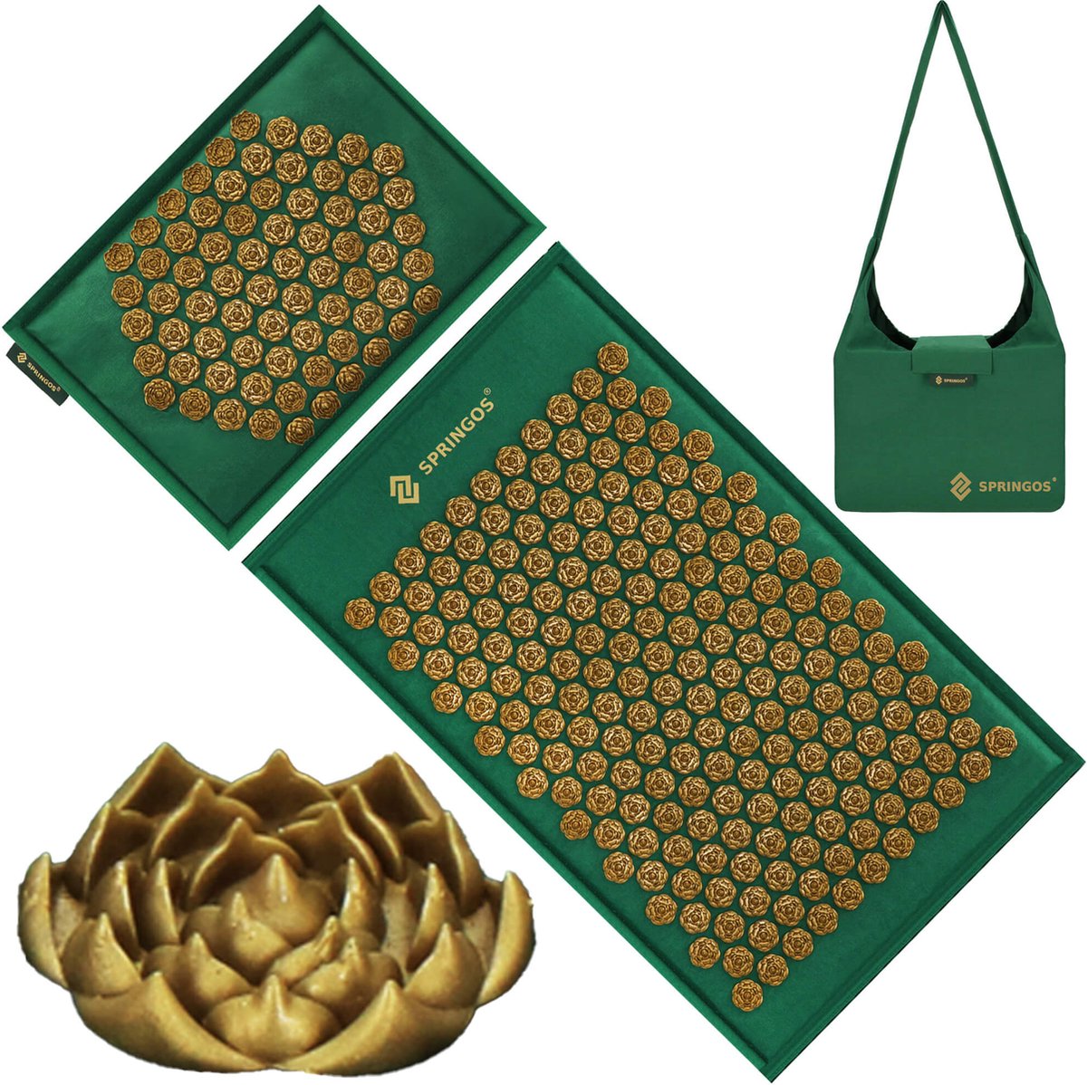 Goedkoopste Springos Acupressuurmat - Spijkermat - Lichaamsstimulator - Ontspanning - Massage - Kussen - Groen/Goud