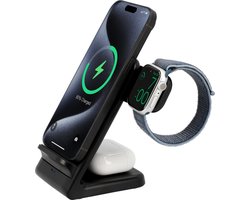 Cazy 3-in-1 Draadloze Oplader Stand 15W – Geschikt voor Apple Watch, Airpods en Iphone – Snelladen & USB-C – Oplaadstandaard – Qi-Gecertificeerde Toestellen – LED Lampje – Zwart