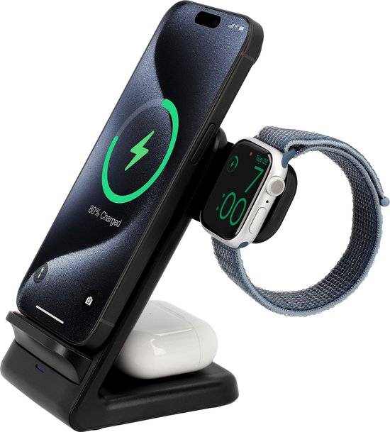 Cazy 3-in-1 Draadloze Oplader Stand 15W - Geschikt voor Apple Watch, Airpods en Iphone - Snelladen & USB-C - Oplaadstandaard - Qi-Gecertificeerde Toestellen - LED Lampje - Zwart