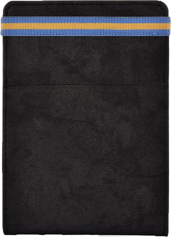 Zwarte e-reader hoes met blauwe en gele elastische band bovenaan.