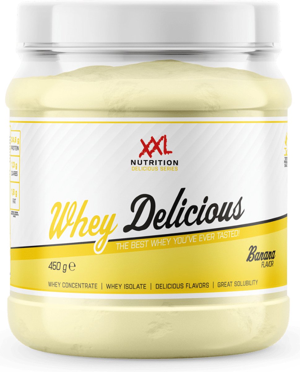 Goedkoopste XXL Nutrition - Whey Delicious - 80 Eiwit - Banaan - Wei Eiwitpoeder met BCAA & Glutamine, Proteine Poeder, Eiwit shake, Whey Protein - Diverse Smaken - 450 gram (15 shakes