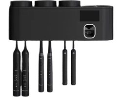 tandenborstelsterilisator, elektrische tandpastadispenser, wandgemonteerde badkamertandenborstelhouder, opladen via zonne-energie of USB, 3 kopjes, 6 tandenborstelhouders-UV Black