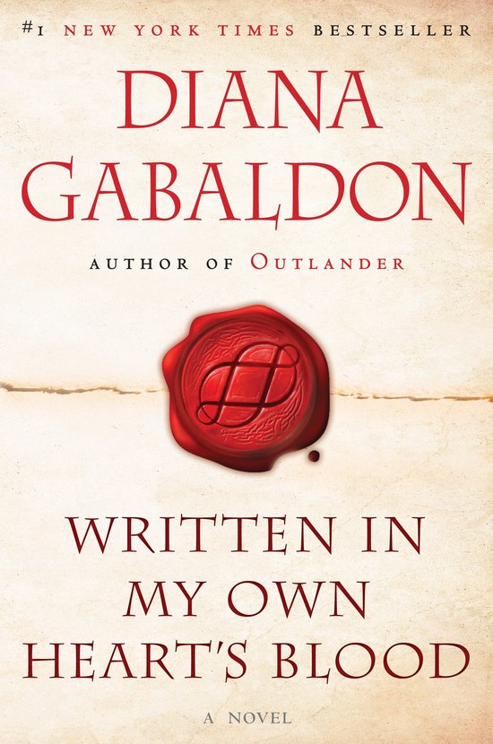 Boekomslag van 'Written in My Own Heart's Blood' door Diana Gabaldon, met rode letters en een rode waszegel.