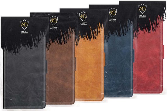 Vijf MobyDefend portemonnee hoesjes in verschillende kleuren: zwart, bruin, oranje, blauw en rood, met een verfspettereffect aan de bovenkant.