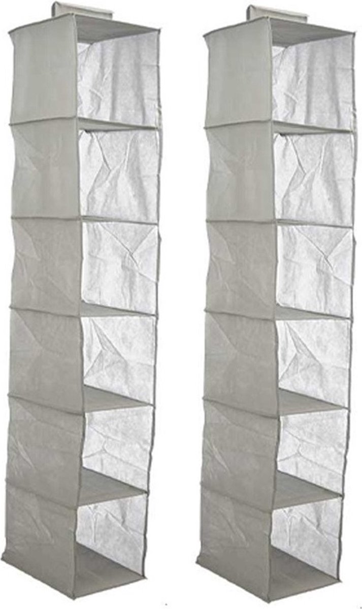 Kipit Kledingkast organizer - 2x - 6 vaks - grijs - 25 x 25 x 138 cm - ruimtebesparend/hangend