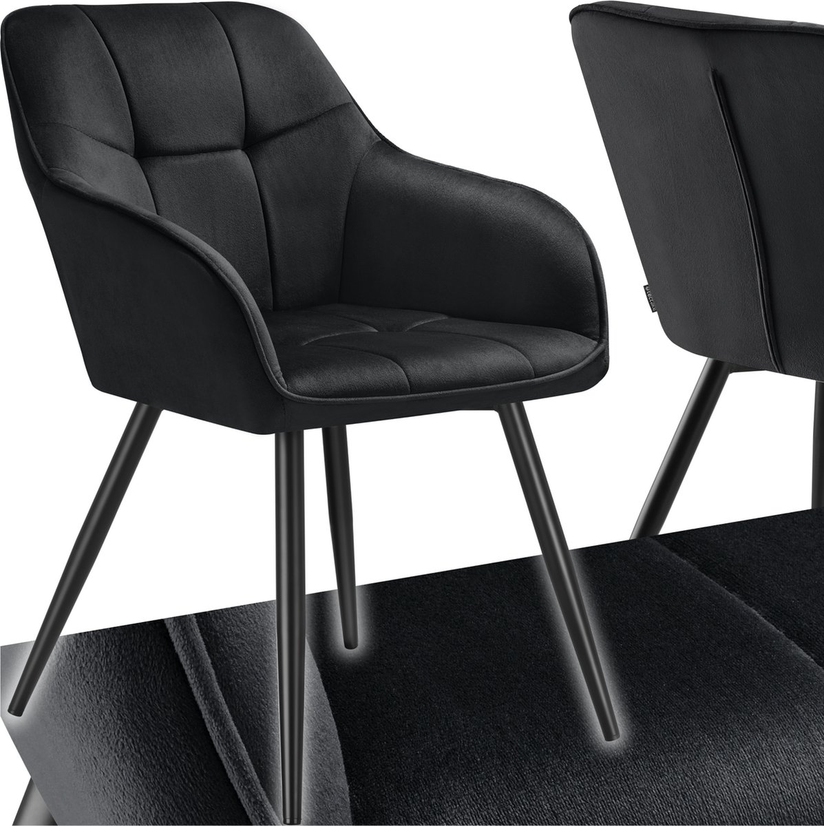 Tectake Eetkamerstoel Marilyn - Gestoffeerde Stoel in Fluweellook - Stikpatroon - Zwarte Stoelpoten - Ergonomische Keukenstoel - Met Doorlopende Rugleuning en Armleuningen - Stoel voor Woonkamer, Eetkamer, Slaapkamer - Zwart