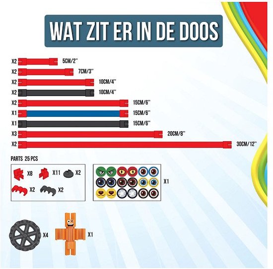 Onderdelenoverzicht "Wat zit er in de doos" met rode, zwarte en blauwe flexibele staafjes van verschillende lengtes, wielen, ogen, monden en een oranje figuur.