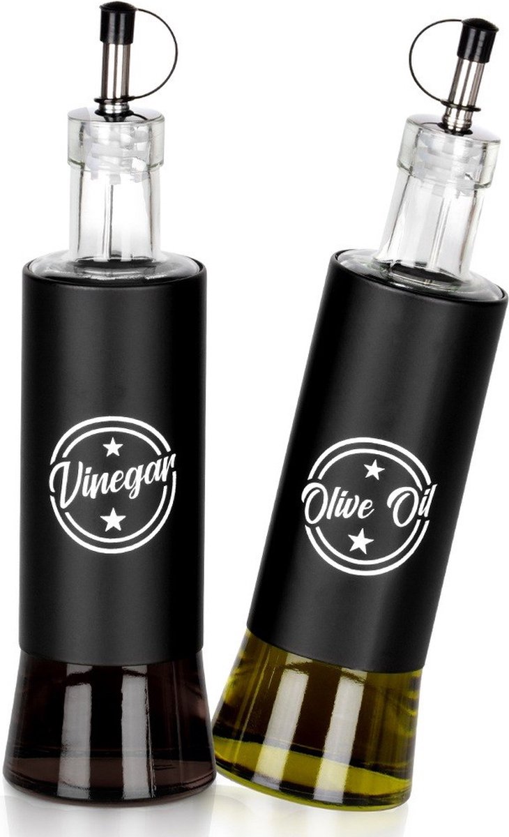 Olie en Azijn Flessen Glas Zwart 300 ml 2 stuks - Oliedispenser - Karaf