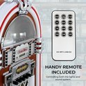 Jukebox met "HANDY REMOTE INCLUDED" tekst en een witte afstandsbediening.