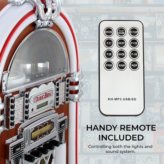 Jukebox met "HANDY REMOTE INCLUDED" tekst en een witte afstandsbediening.