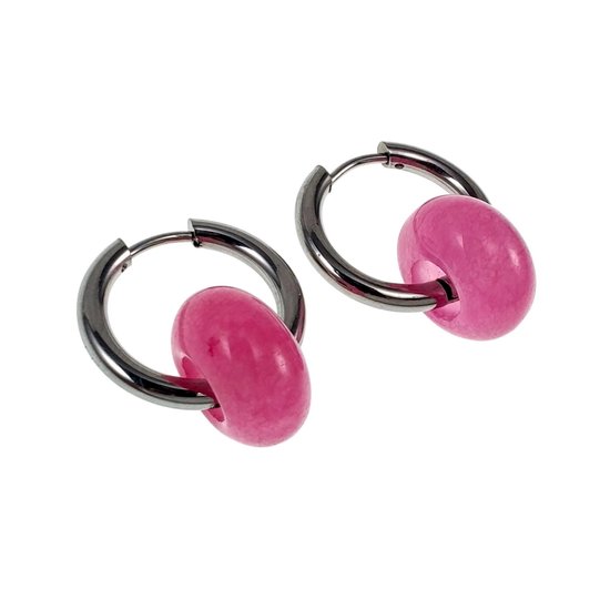 Boucles d'oreilles ∅19 mm x 2,5 mm avec pierre calcédoine - Acier inoxydable poli - Boucles d'oreilles femme avec pendentif donut