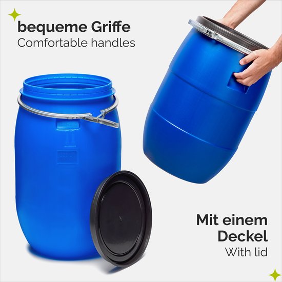 Blauwe kunststof vat met deksel en comfortabele handgrepen. "With lid".