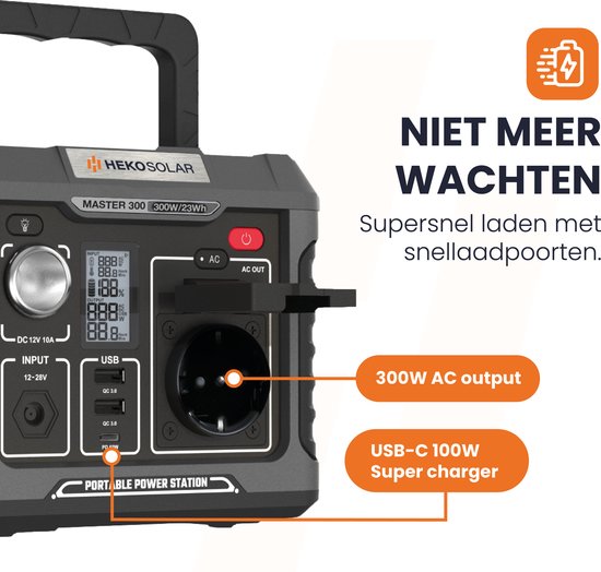 HEKO Solar® Master 300 + Unfold 60 - Powerstation met Zonnepaneel - 300W (600W Piek) - 231Wh Capaciteit - 60W Zonnepaneel - Draagbaar - Generator - Voor Noodpakket, Stroomuitval, Kamperen en Outdoor