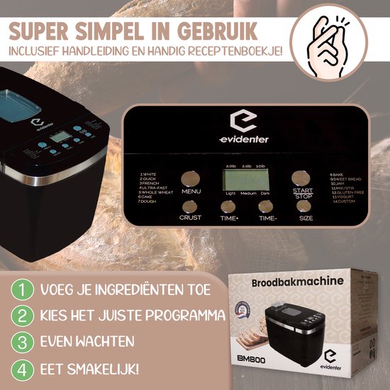 Zwarte broodmachine, open deksel, brood in de vorm. Bedieningspaneel met 14 programma's. Close-up van verpakking.