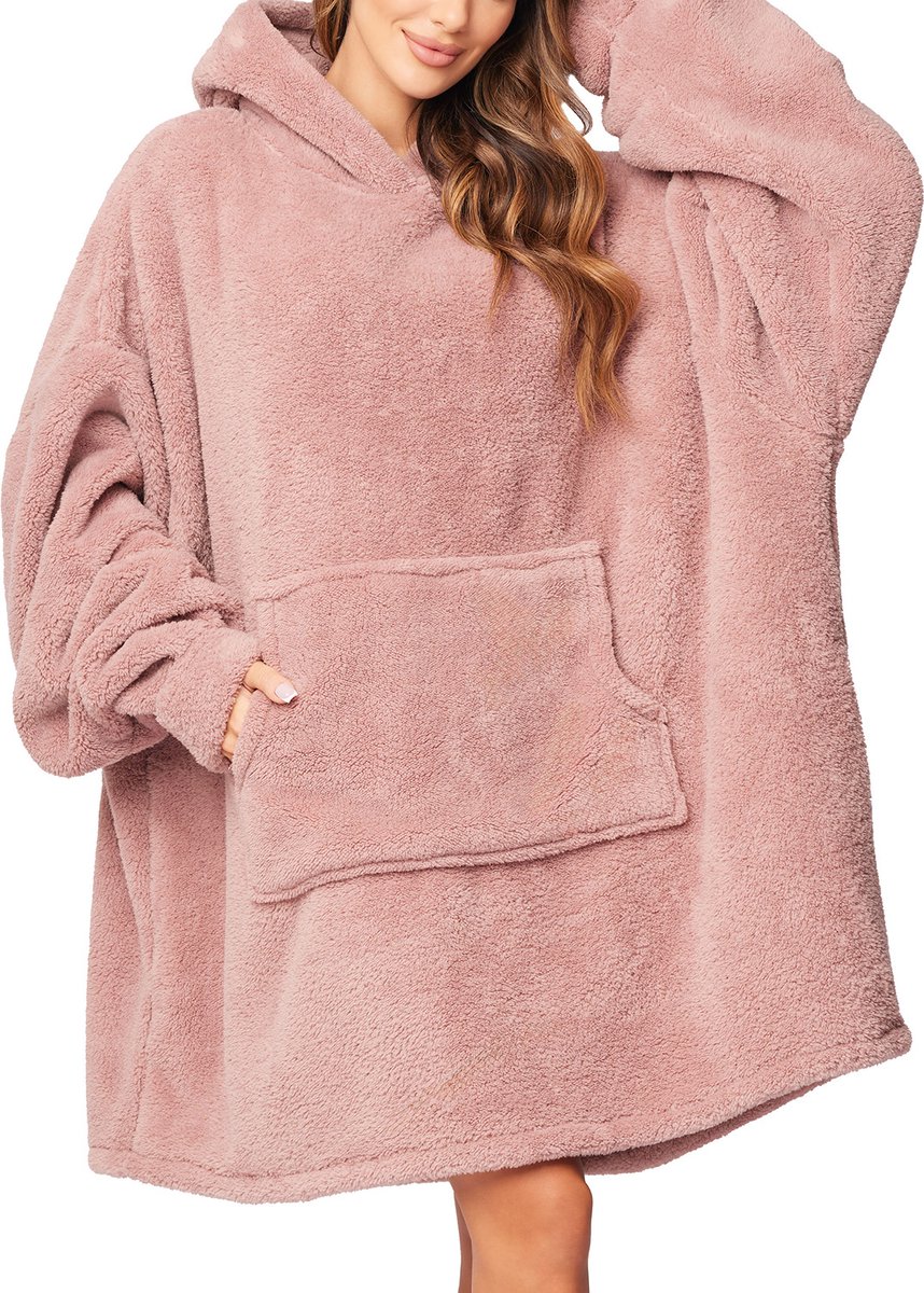 Vivisence Hoodie Deken Oversized 100x90 - Deken met mouwen One size - Blanket snuggle - Zacht & Warm - Extra groot - Universeel - Dekenkleed - Verlengde rug - Zacht materiaal - Capuchon - Draagbare deken - Relax outfit - Roze