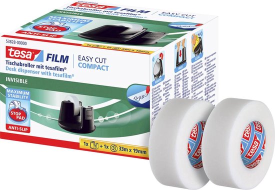 Distributeur de ruban adhésif Tesa Film Easy Cut Compact noir avec deux rouleaux de ruban.