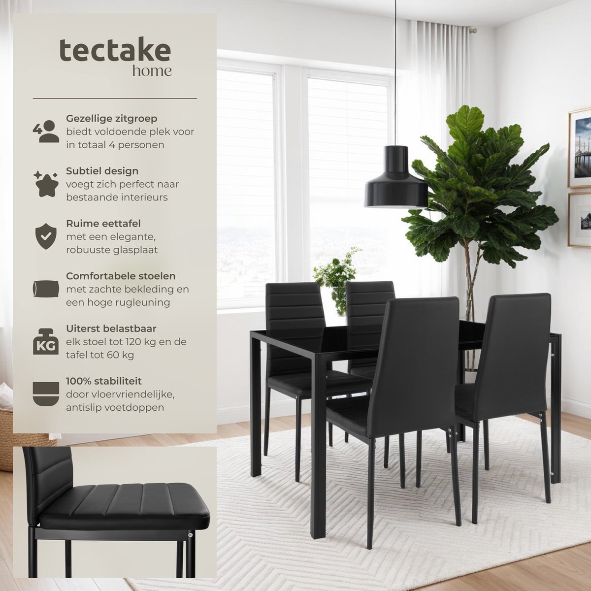 tectake® Eetkamerset met 4 Eetkamerstoelen - Eettafel met glazen blad - 120 x 70 x 75 cm - Eethoek set Tafel en Stoelen - Set van 4 Stoelen met kunstleer - Zwart – foto 3