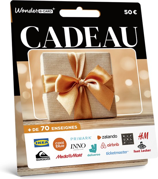Wonder e-card cadeaukaart van 50€ met een geschenkdoos met strik erop. Toont logo's van IKEA, Primark, Zalando, H&M, en meer.