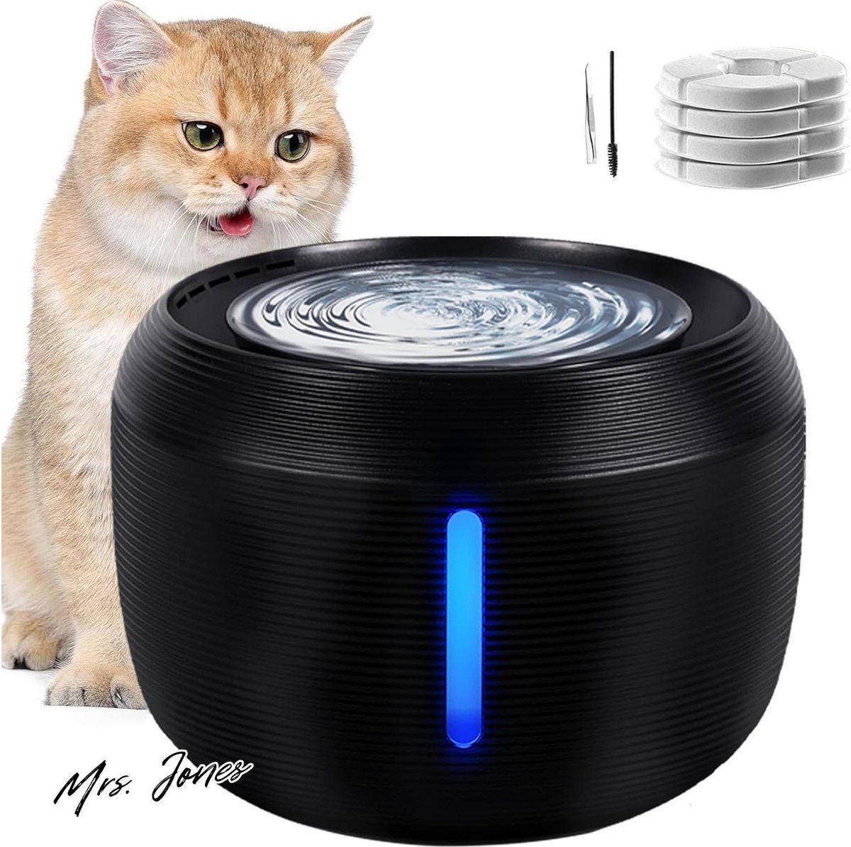 Mrs. Jones 25L ultrastille kattendrinkfontein met LED-licht – BPA-vrij – actief koolfilter – intelligente pomp – zwart . Mrs. Jones 25L ultrastille kattendrinkfontein met LED-licht – BPA-vrij – actief koolfilter – intelligente pomp – zwart .