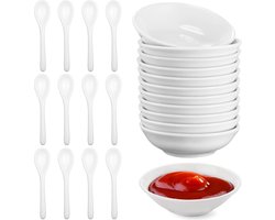 Pack of 12 White Round Sauce Bowls - Dipping Dishes 8 cm Diameter - Set with Spoon - Soy Sauce Sushi Mini Spice Small Plates - Dips