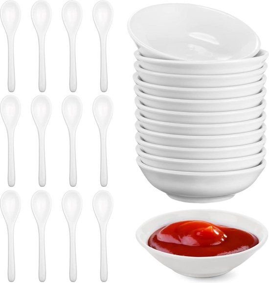 Pack of 12 White Round Sauce Bowls - Dipping Dishes 8 cm Diameter - Set with Spoon - Soy Sauce Sushi Mini Spice Small Plates - Dips