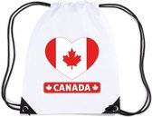 Canada nylon rijgkoord rugzak/ sporttas wit met Canadese vlag in hart